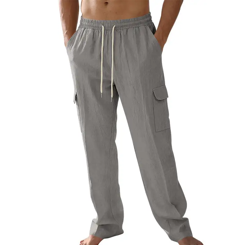 Men's Loose Linen Cargo Pants Waistband Pockets