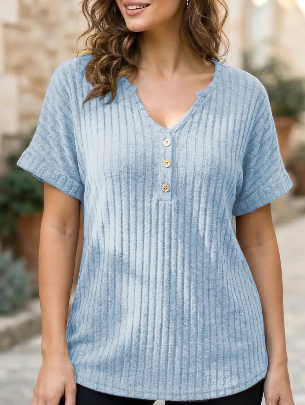 V Neck Button Front Loose Ribbed Tee