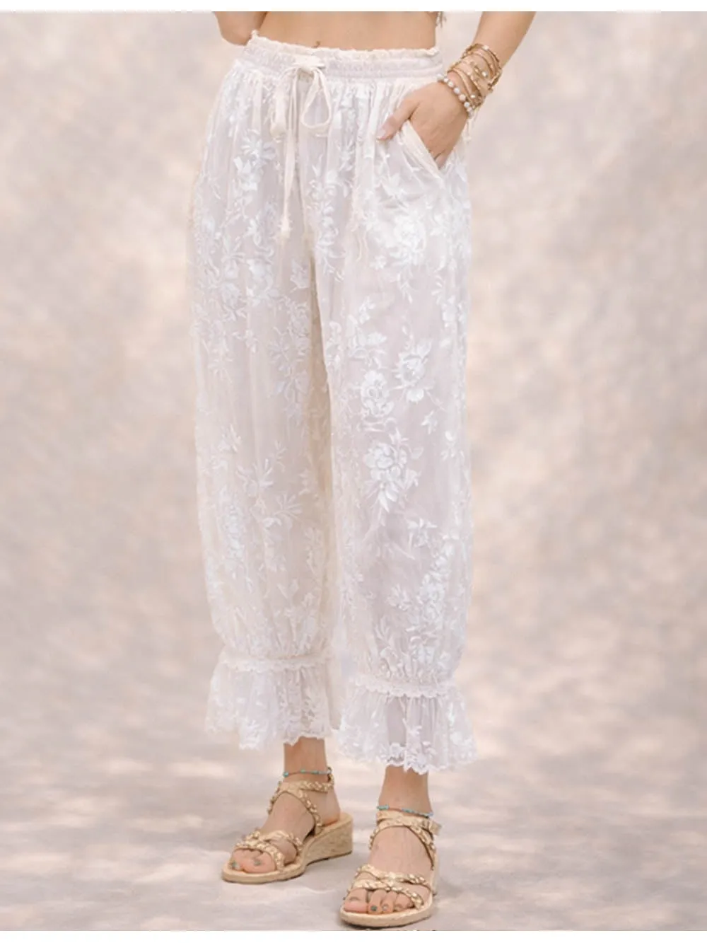 Lace Hem Flocked Elastic Waist Lantern Pants