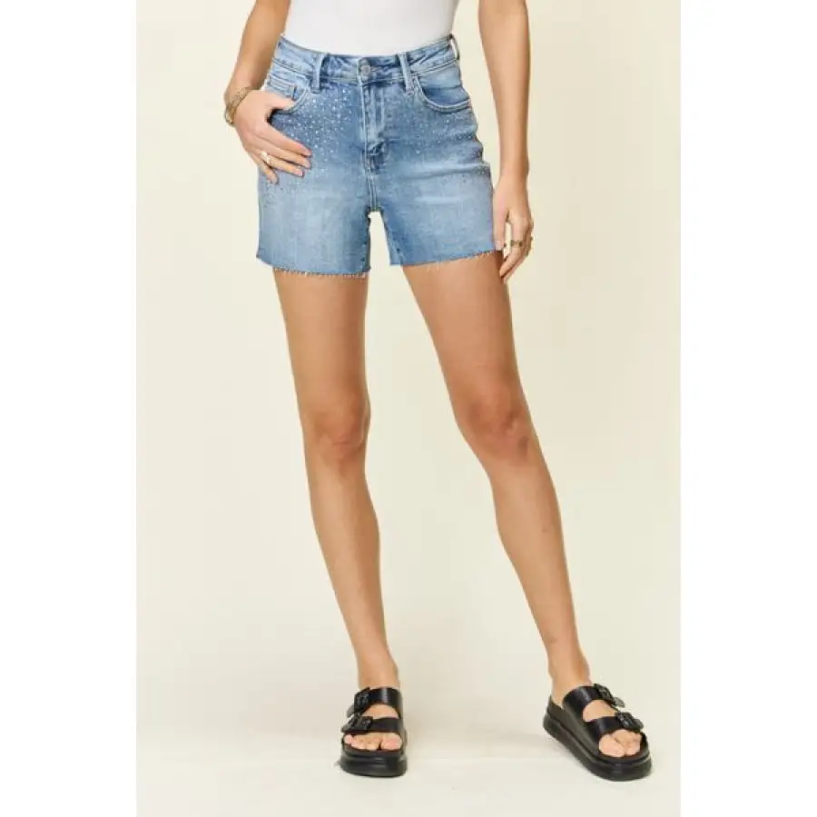 Full Size High Waist Rhinestone Decor Denim Shorts