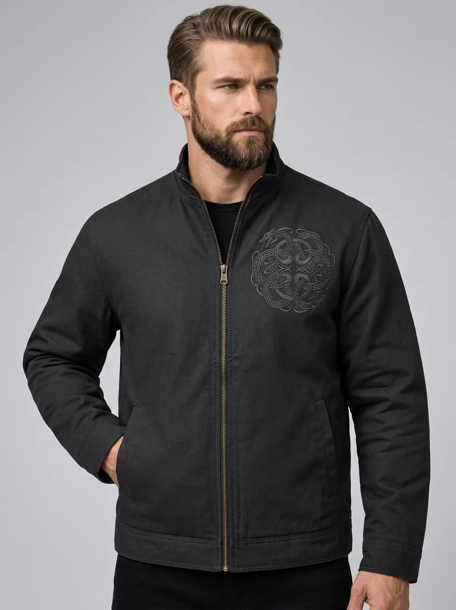 Men's Dragon Stand-Collar Embroidered Denim-Look Jacket