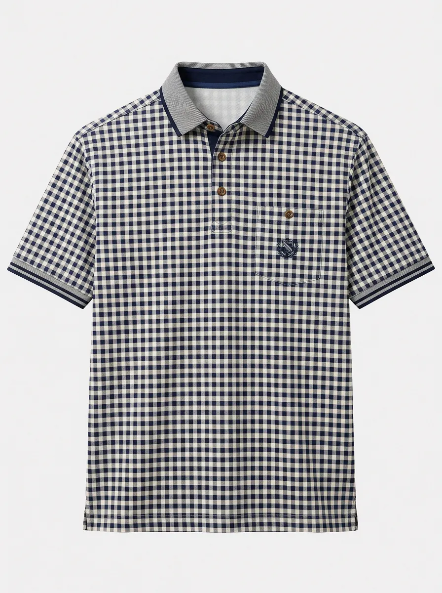 Men's Casual Classic Navy Gingham Plaid Printed Polo Shirt