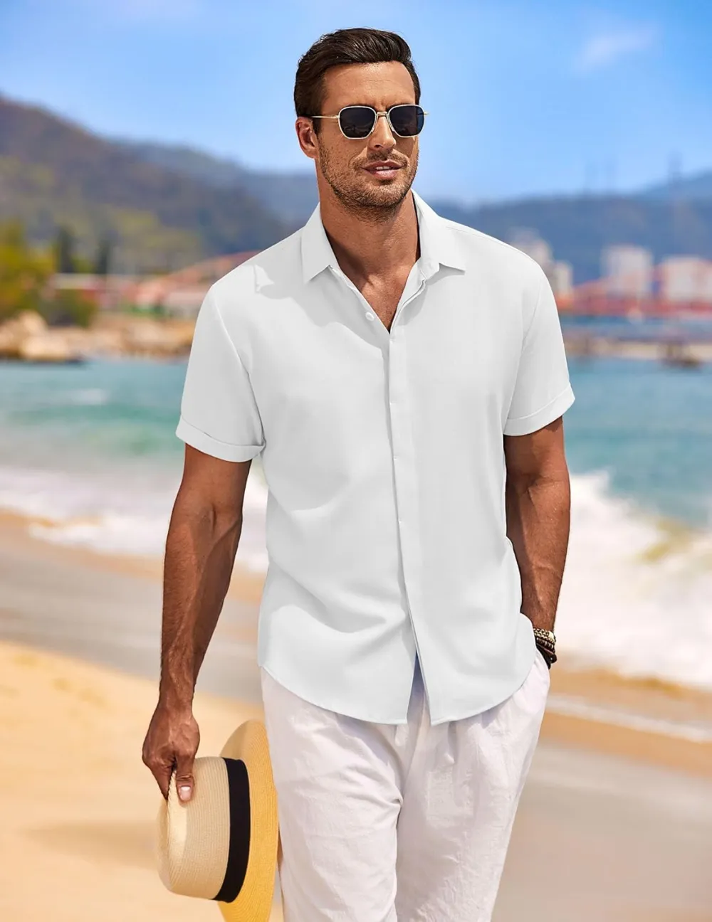 Men's Linen Shirts Short Sleeve Casual Shirts Button Down Shirt for Men Beach Summer Wedding Shirt