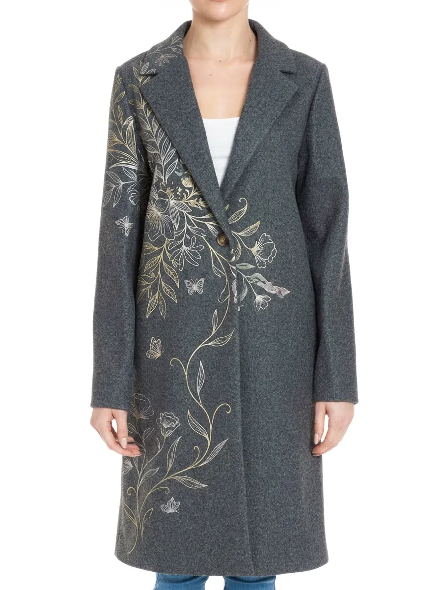 Women's Floral Butterfly Nature Art Printed Wool Coat