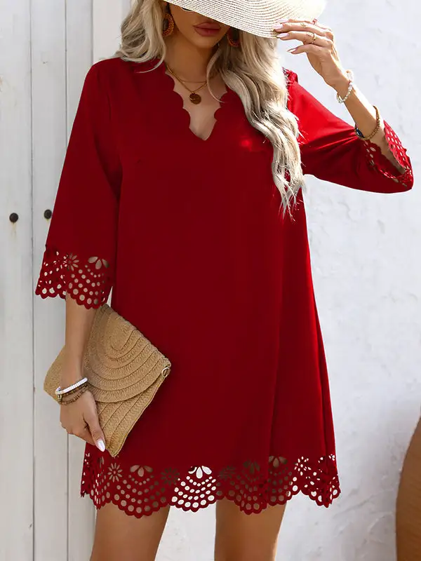 A Line Relaxed Hollow Solid Color V Neck Mini Dress