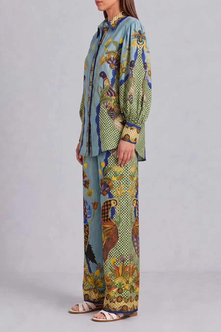 Button Front Printed Matching Pants Set