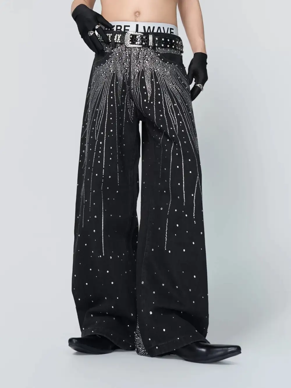 Wide-Leg Embellished Zip-Detail Jeans