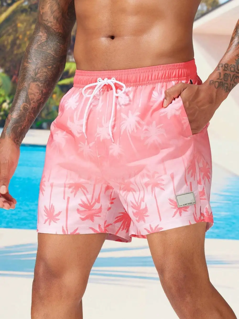 Men's Drawstring Coconut Tree Print Pocket Swim Trunks