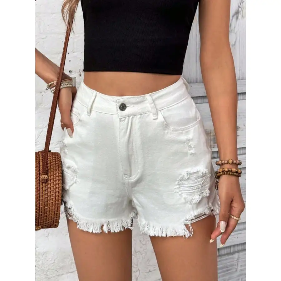 Distressed Raw Hem High Rise Denim Shorts