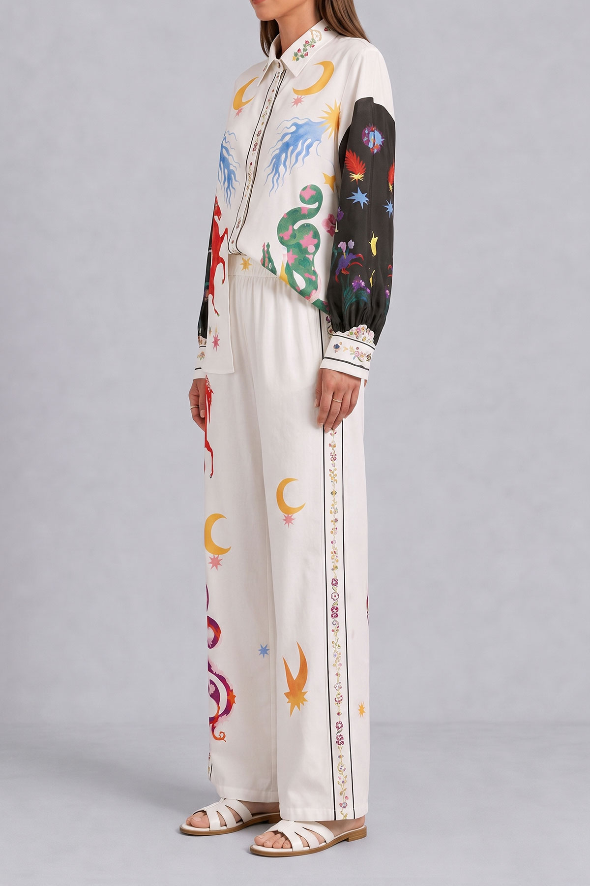 Classic Button Front Printed Matching Pants Set