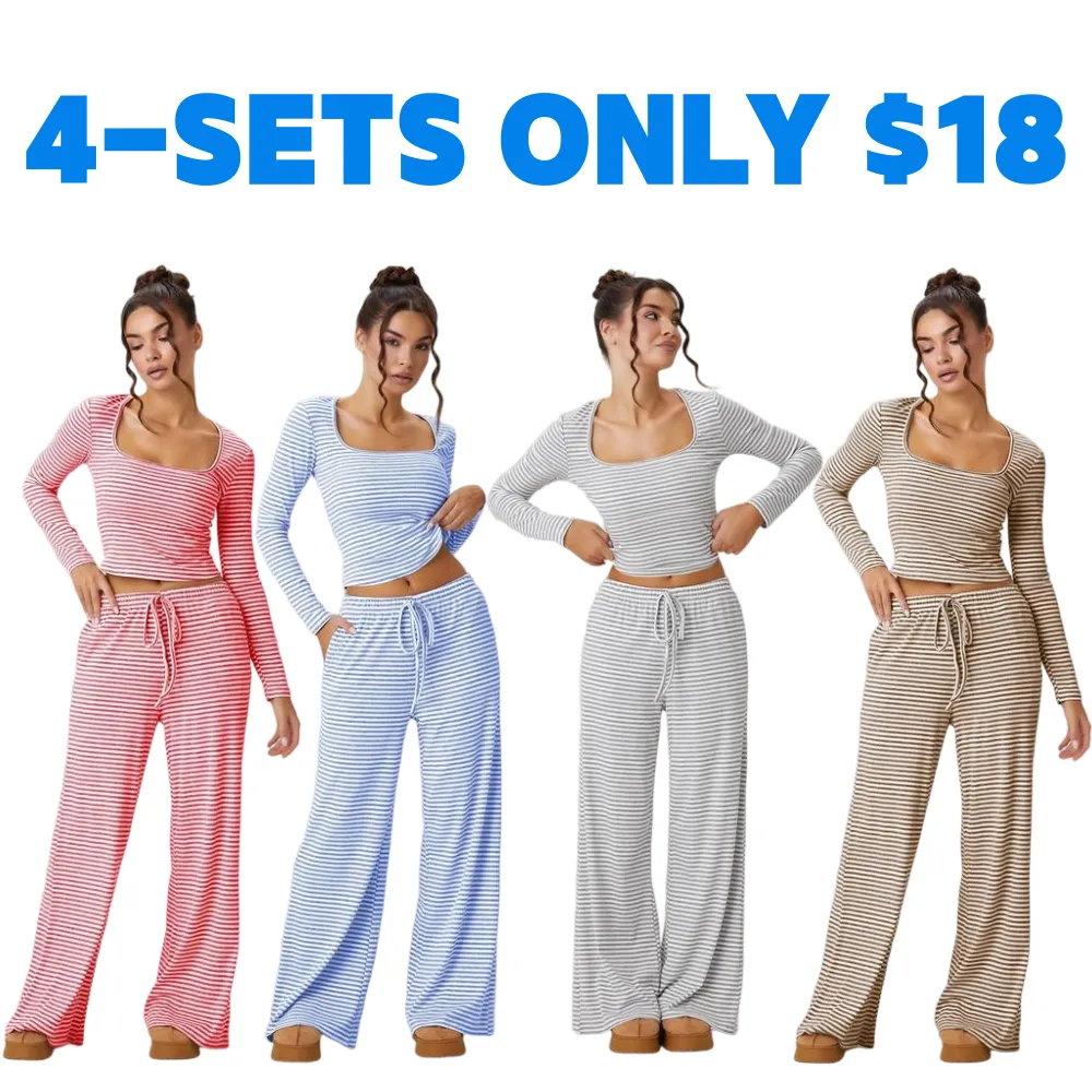 Women's Slouchy Square Neck Stripe Long Sleeve Crop Top & Low-Rise Wide Leg Trousers Co-ord