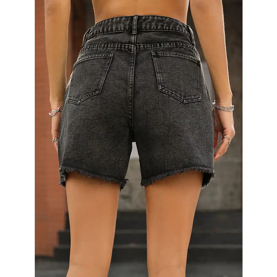 Textured Raw Hem High Waist Denim Shorts