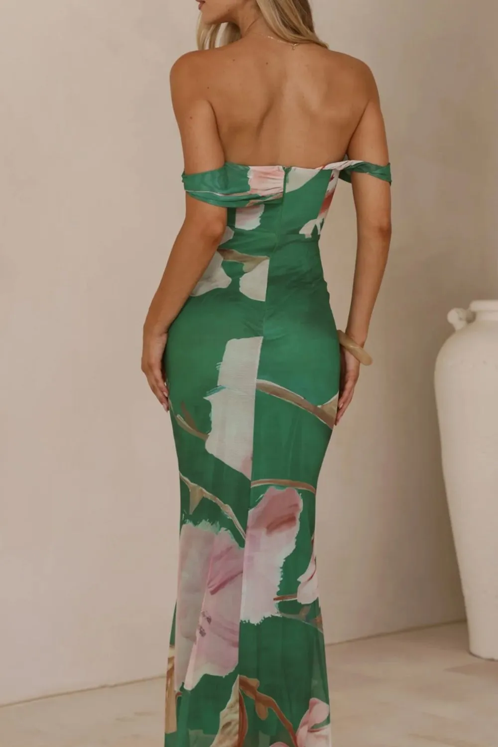 Clean Line Floral Printed Ruched Maxi Dress
