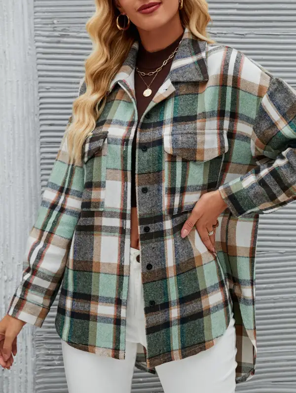 Long Sleeve Cardigan Collared Loose Plaid Wool Shirt