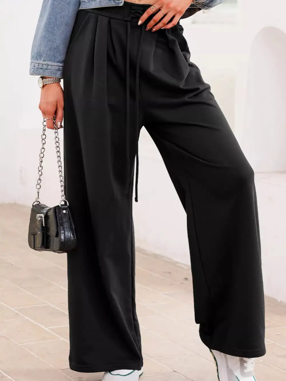 High-Waist Drawstring Pleated Pocketed Sweatpants