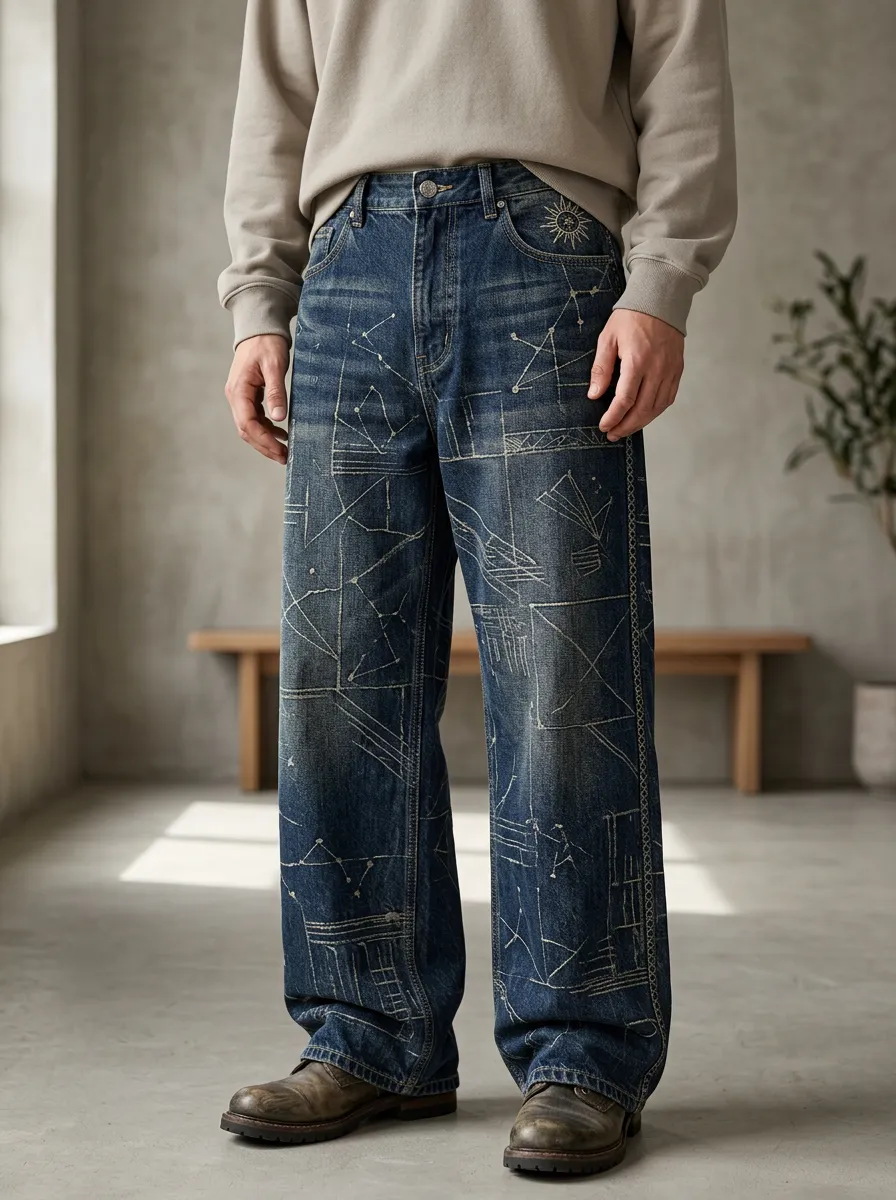 Wide Leg Constellation Graphic Celestial Graphic Geometric Graphic Men's Loose Fit Jeans