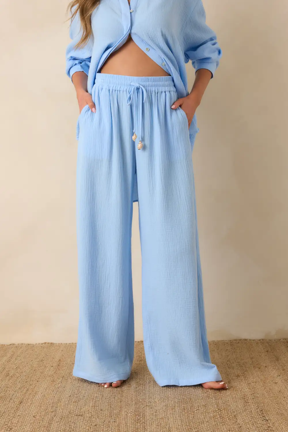 Ocean Blue Textured Wide Leg Pants