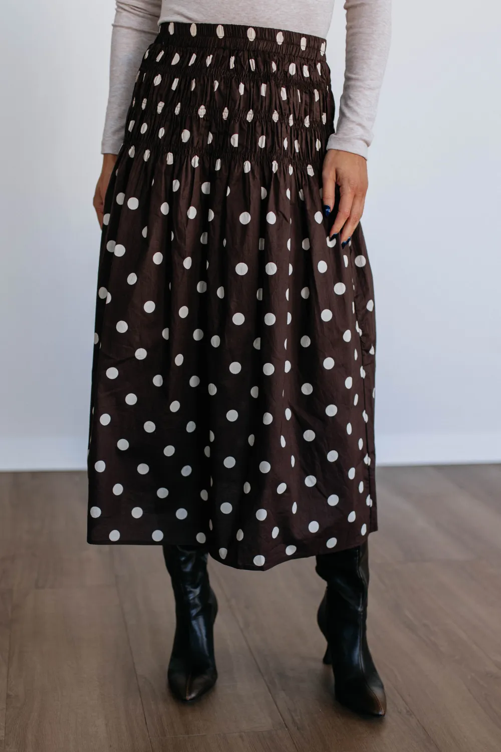 Polka Dot Cotton Smocked Midi Skirt