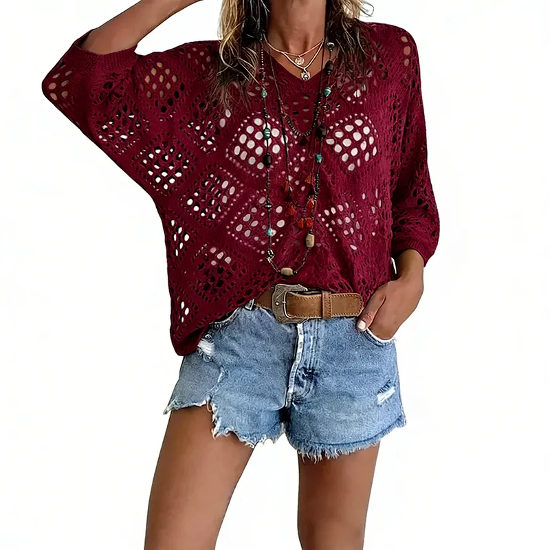 Women's Bohemian-Inspired Beige Crochet Top with V-Neck