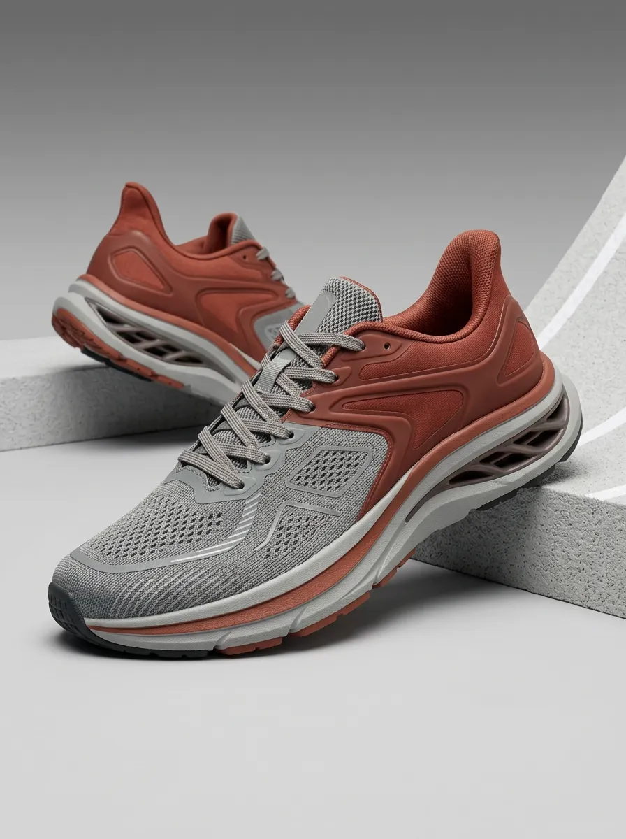 Men's Rust Orange Grey Mesh Breathable Printed Running Shoes