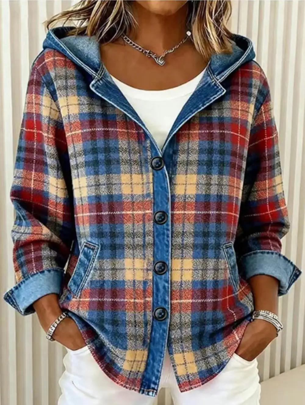 Loose Plaid Hooded Cardigan Sweatshirt
