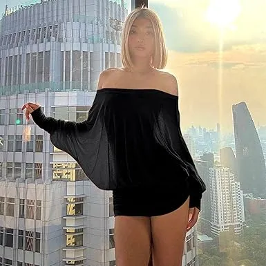 Women's Solid Off The Shoulder Sheer Ruched Dress, Fashion Casual Long Sleeve Mini Dress for Party Club Holiday, Women Dress for Spring & Fall