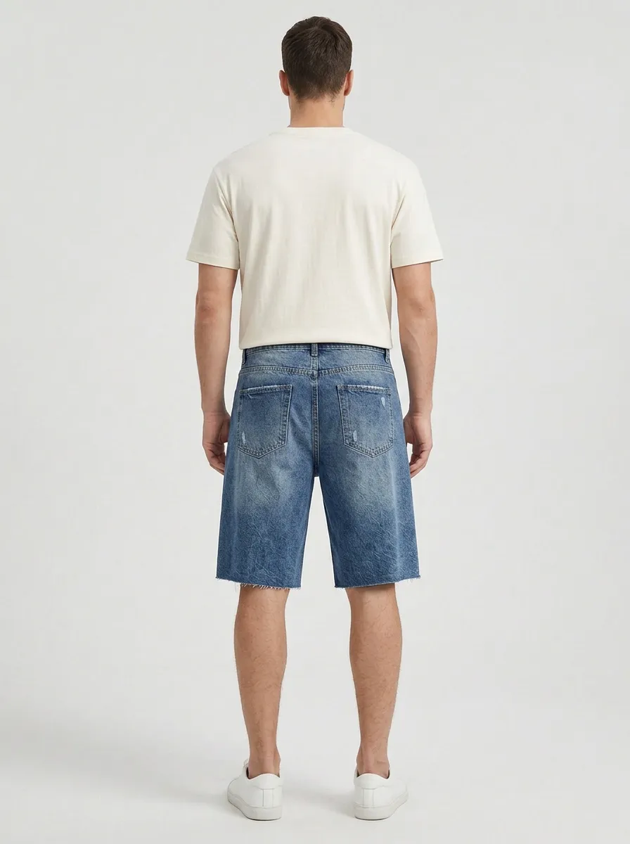 Storage-Ready Distressed Raw Hem Modern Look Men's Distressed Raw Hem Denim Shorts