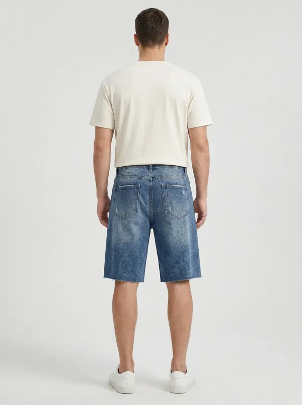 Storage-Ready Distressed Raw Hem Modern Look Men's Distressed Raw Hem Denim Shorts