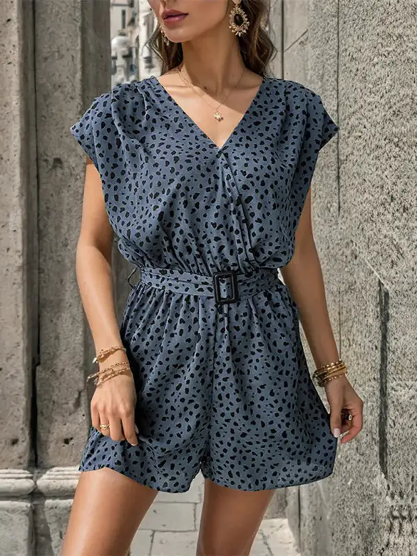 Leopard Print Jumpsuit V Neck Commuter Shorts