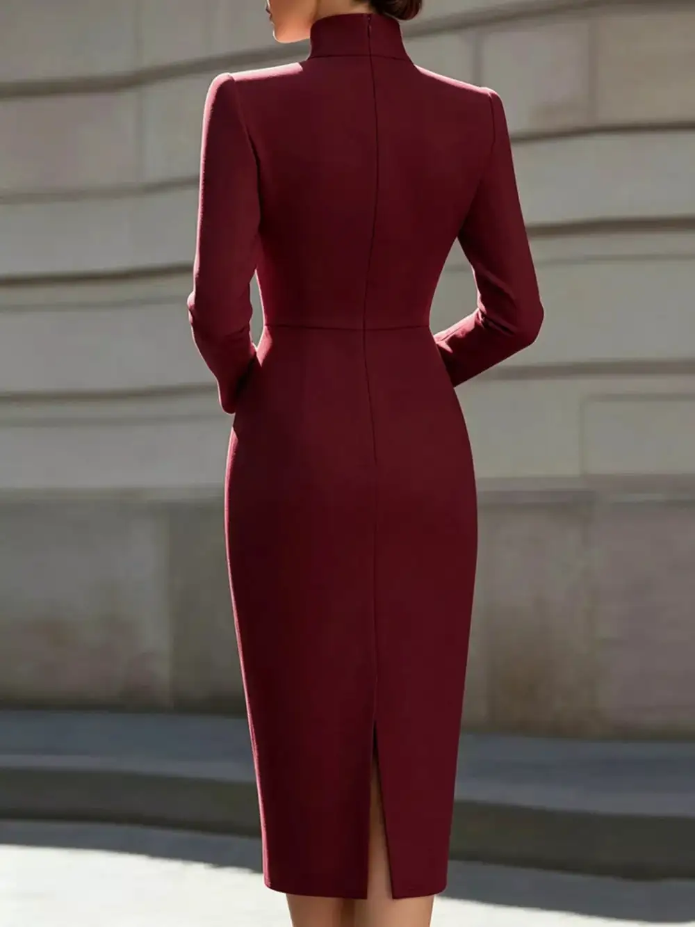 High Neck Long Sleeve Slit Dress
