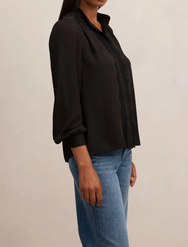 Black Lace Trim Long Sleeve Button Blouse