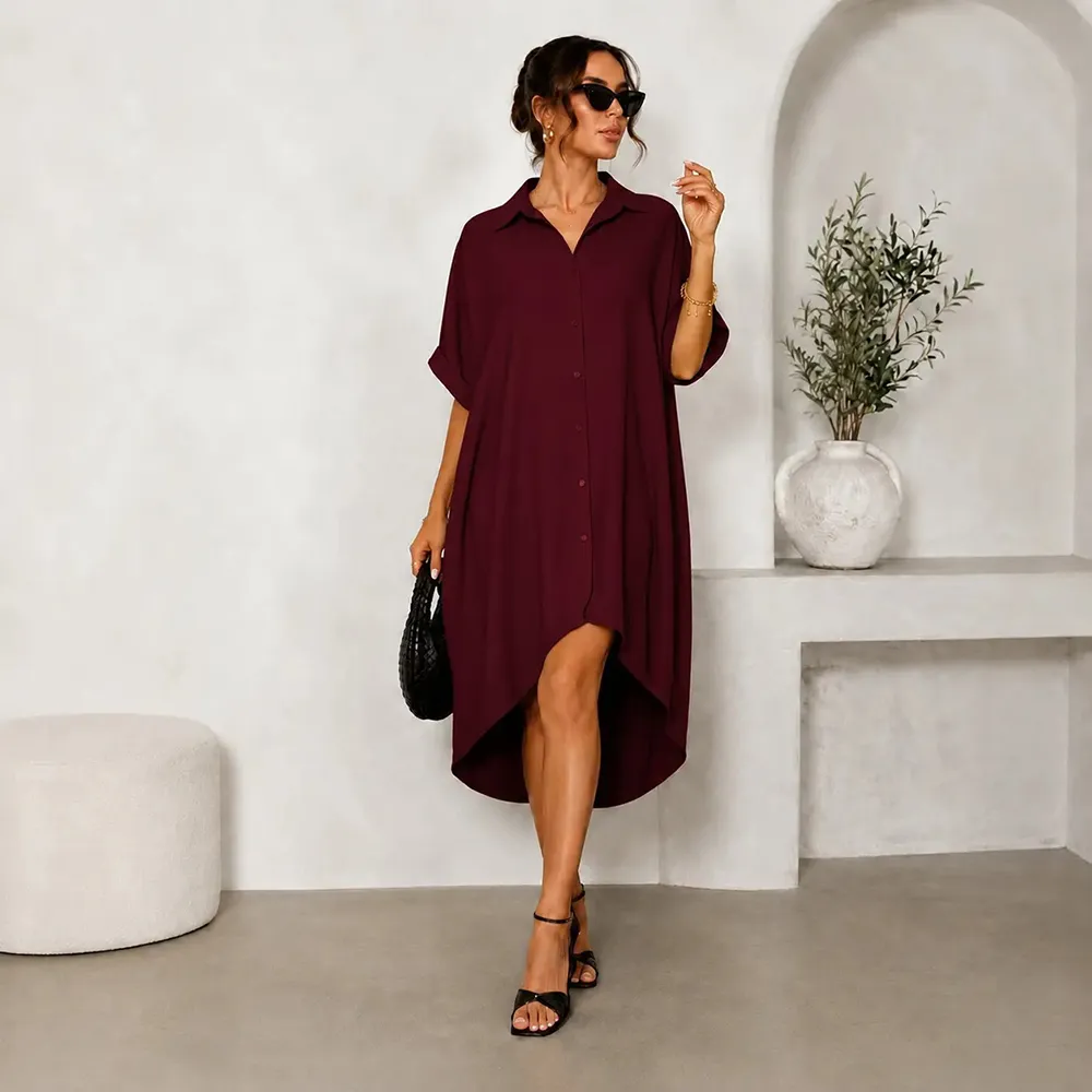 Women Turn-Down Collar Button Up Shirt Dress