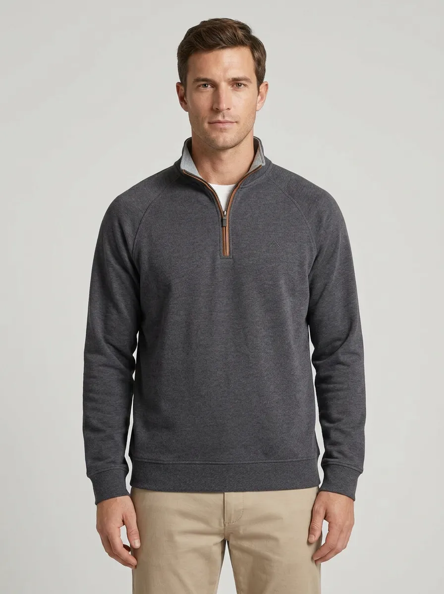 Men's Modern Minimalist Contrast-Trim Textured Raglan Embroidered Emblem Quarter-Zip Sweatshirt