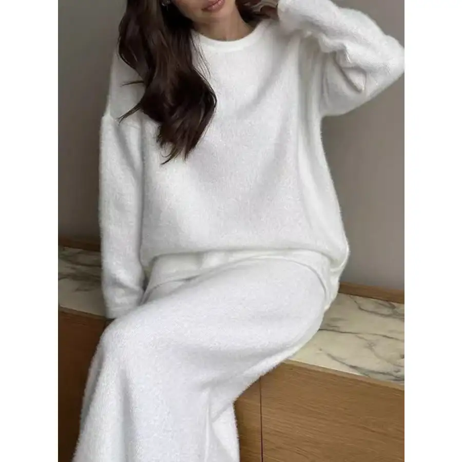 Round Neck Dropped Shoulder Top and Midi Skirt Sweater Set
