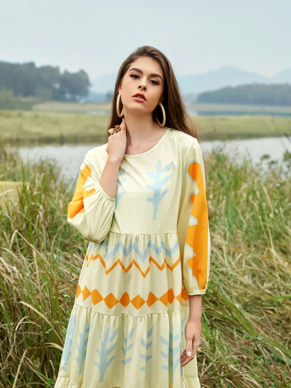 Geo Print Ruffle Hem Bishop Sleeve Dress