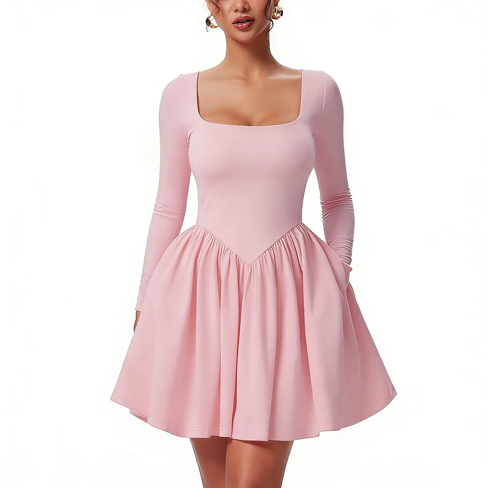 Women'S Square Neck A Line Dress With Pockets