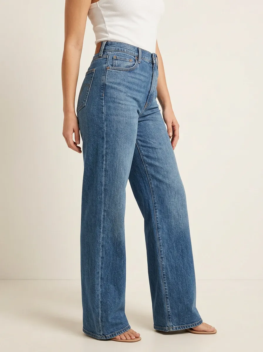 Women's Vintage Wash High-Rise Wide-Leg High-Rise Waist Structured Waistband Jeans
