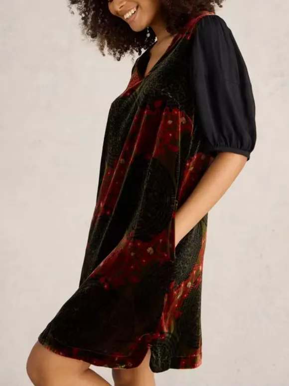 Velvet Mix Dress In Green Print