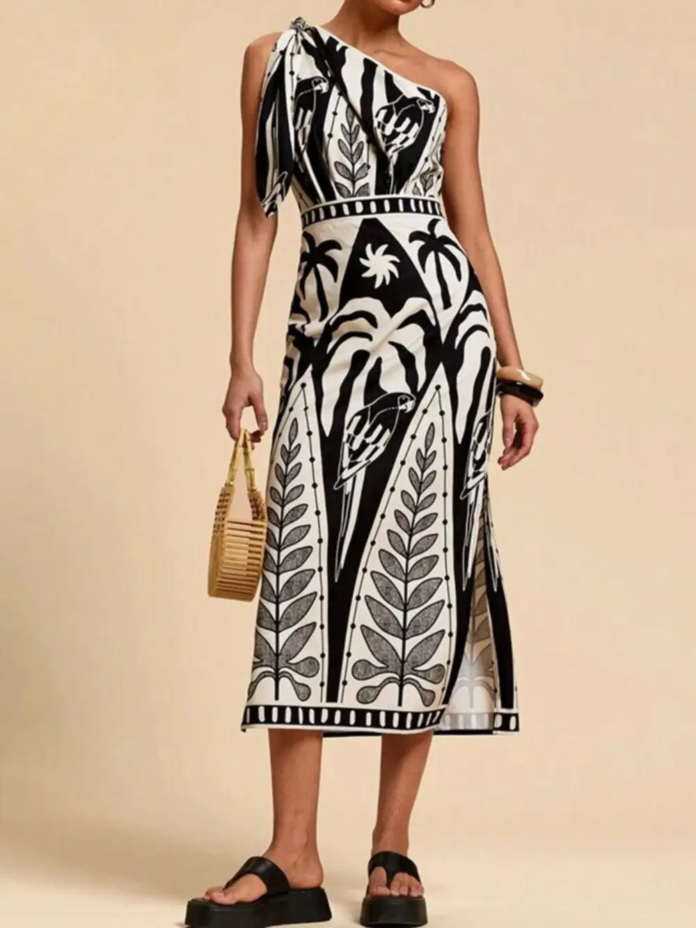 One-Shoulder Tropical Midi Dress