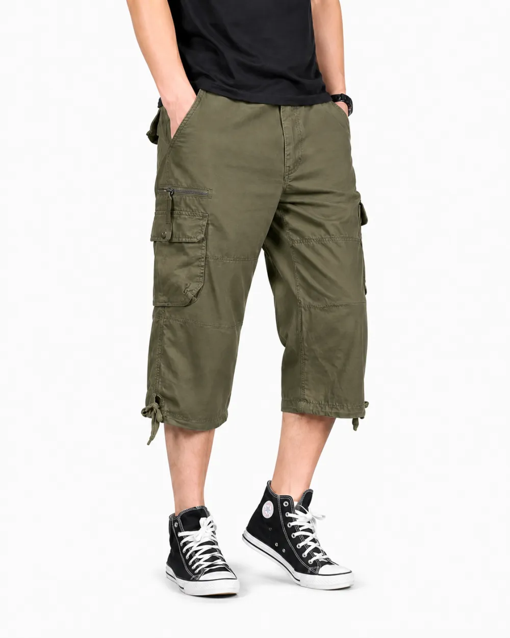 Men's Cropped Cargo Capri Pants with Utility Pockets and Drawstring Hem