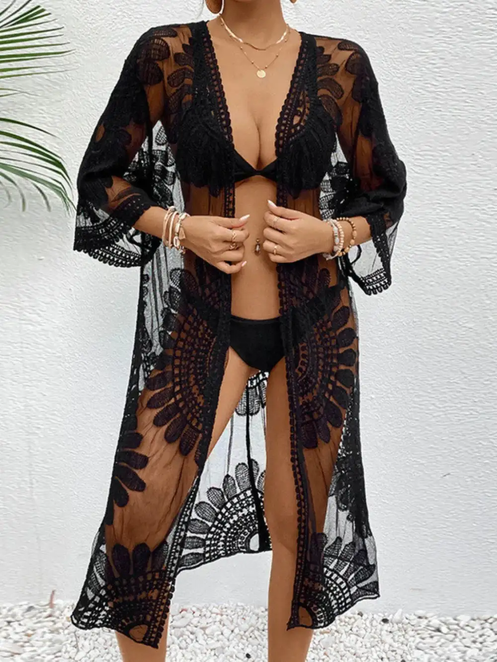 Lace Open Front Longline Swim Cover Up