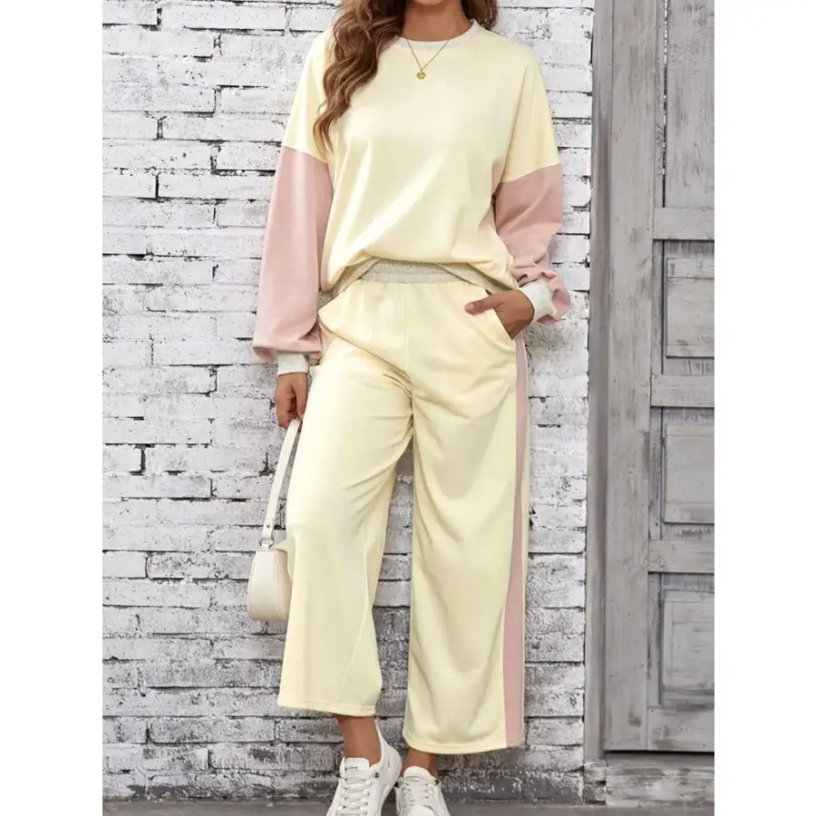 Block Round Neck Top and Pants Set