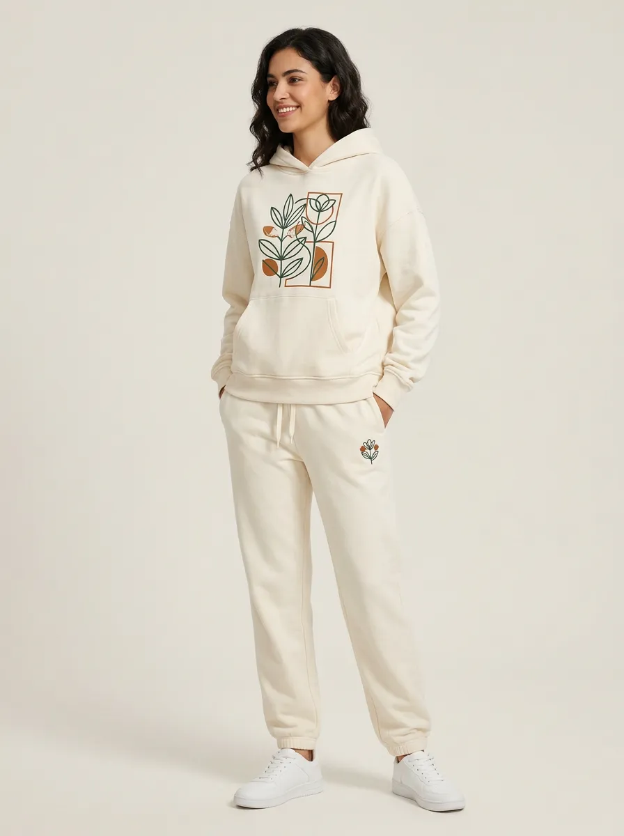 Women's Cream Solid Hoodie & Jogger Pants Set