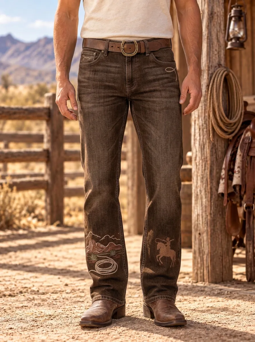 Men's Western Cowboy Lasso Desert Landscape Jeans