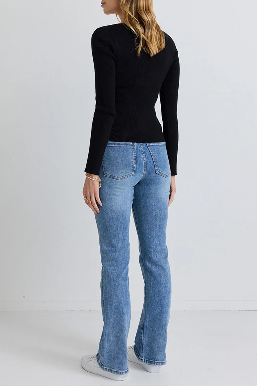 Black Slash Neck Long - Sleeve Rib Top