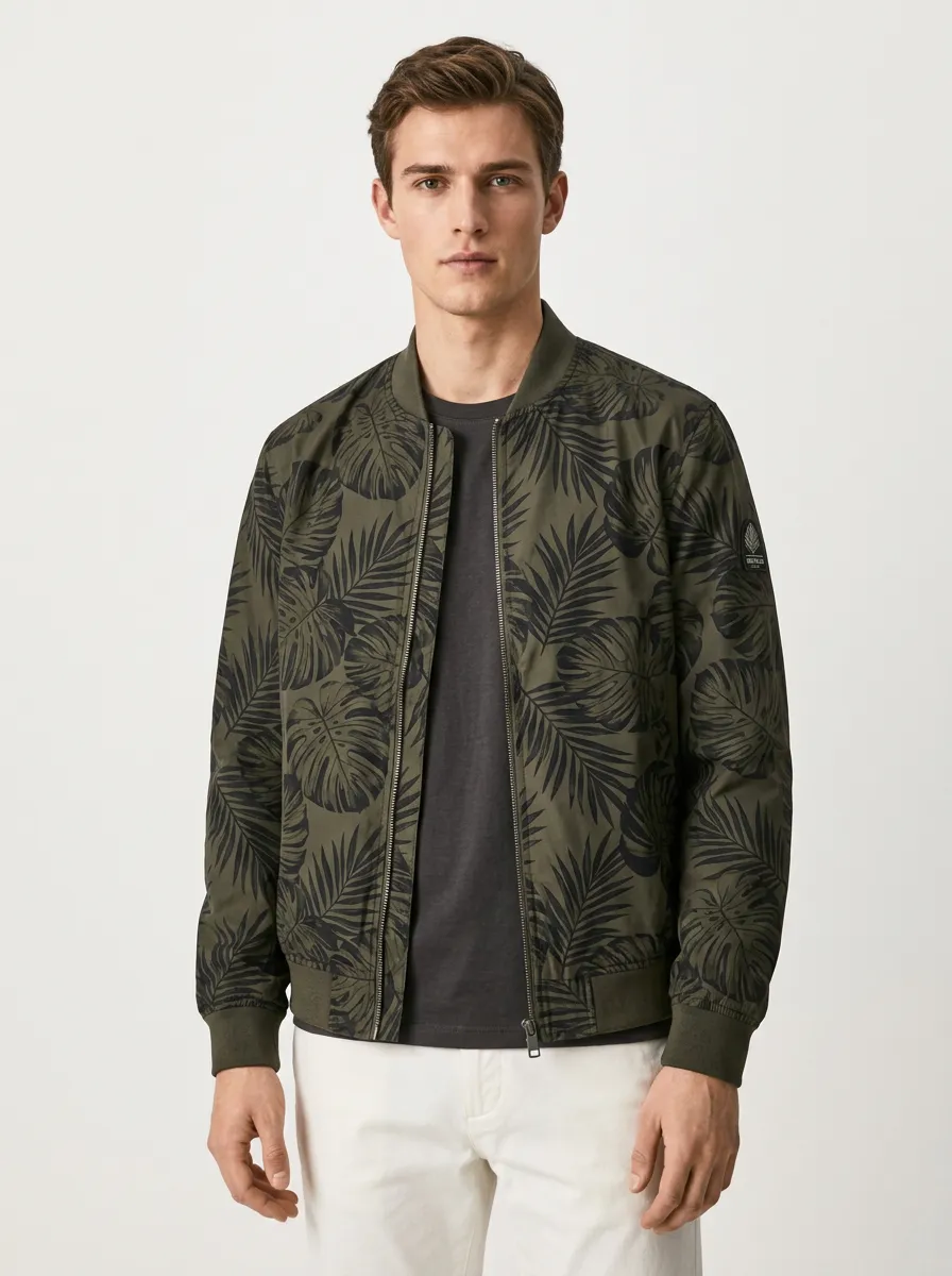 Men's Tropical Print Bomber Jacket with base with a contrasting tropical leaf pattern