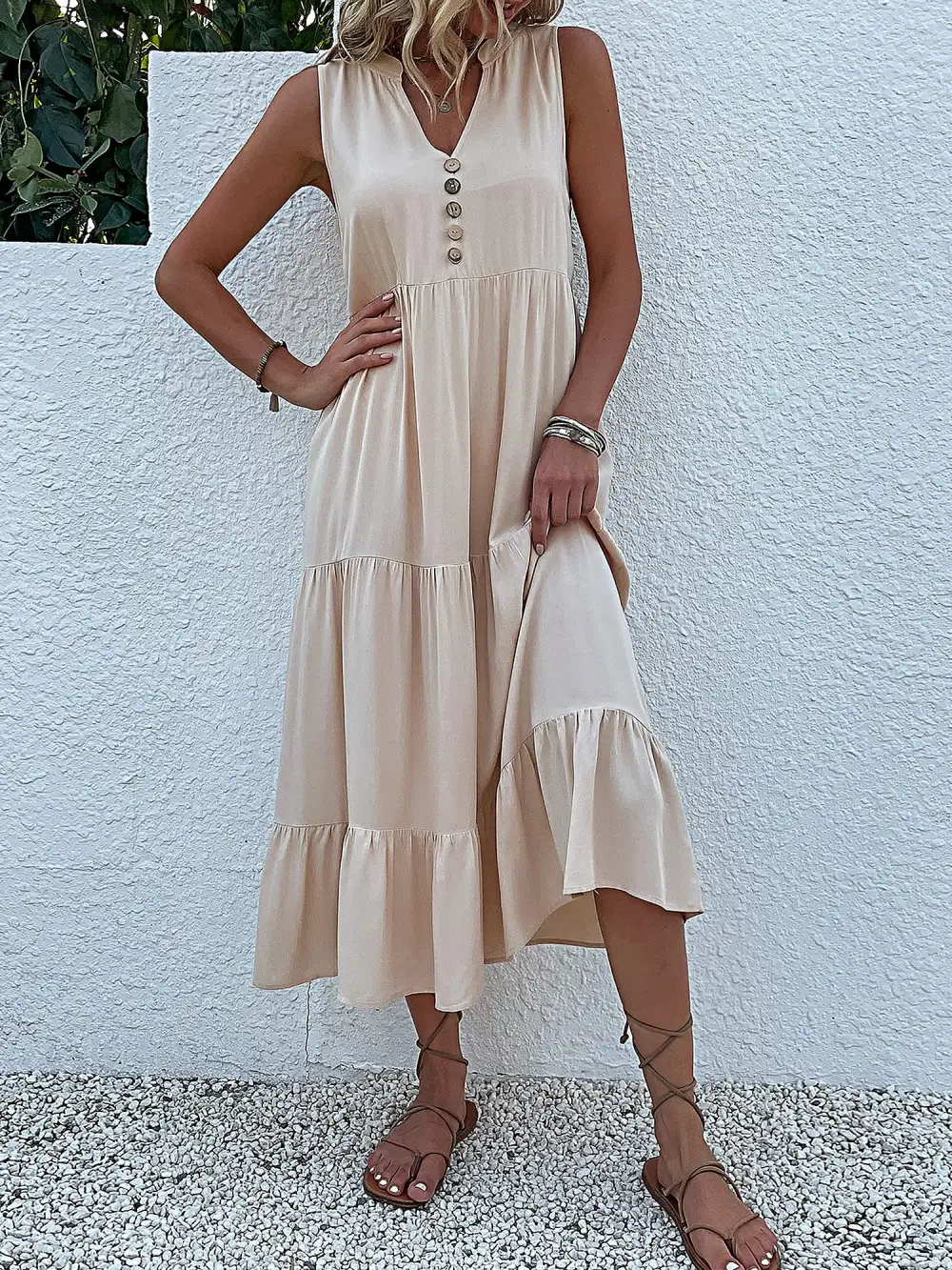 Notch-Neck Buttoned Sleeveless Tiered Midi Dress