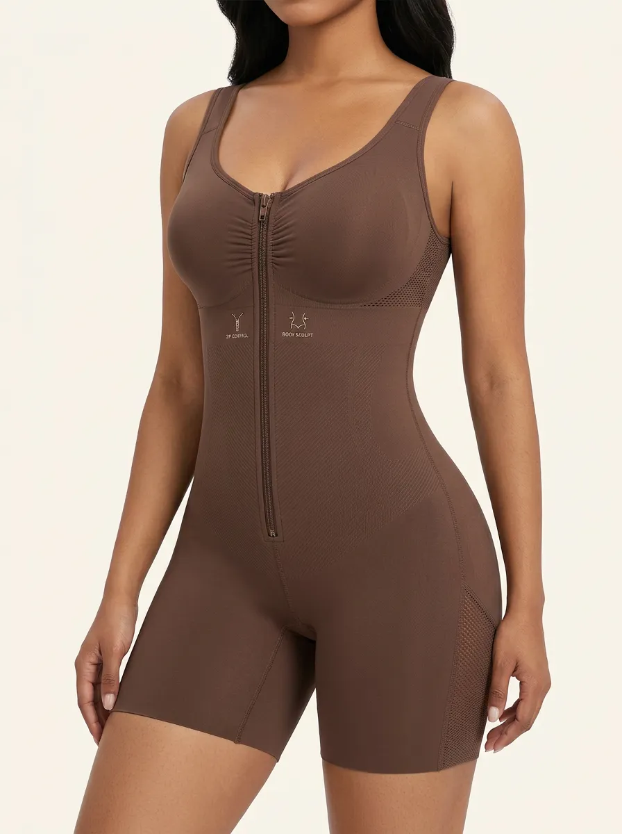 Classic Zip-Front Mesh-Panel Women's Zip-Front Shaping Bodysuit