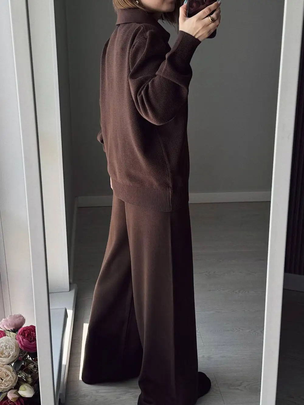 Polo Collar Top and Pants Or Skirt Knit Set