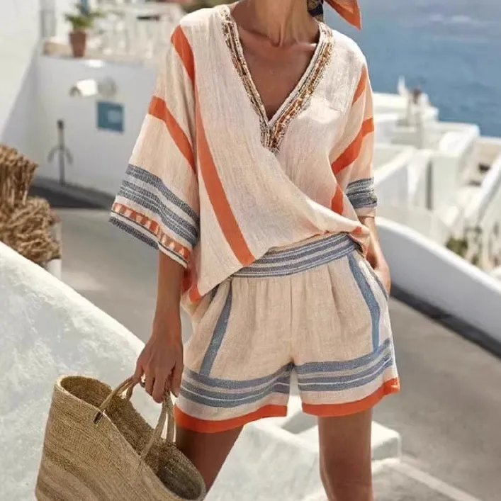V-Neck Striped Checked Women's Matching Set